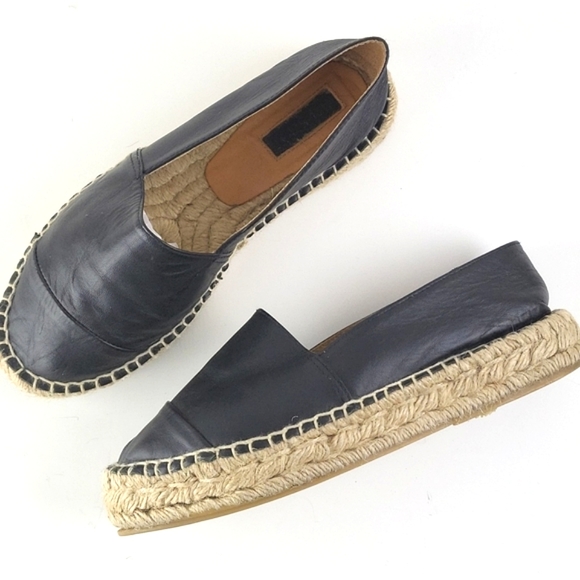 Topshop Leather Platform Espadrille Slip-on Shoe Black Cap Toe Comfy - Picture 1 of 16
